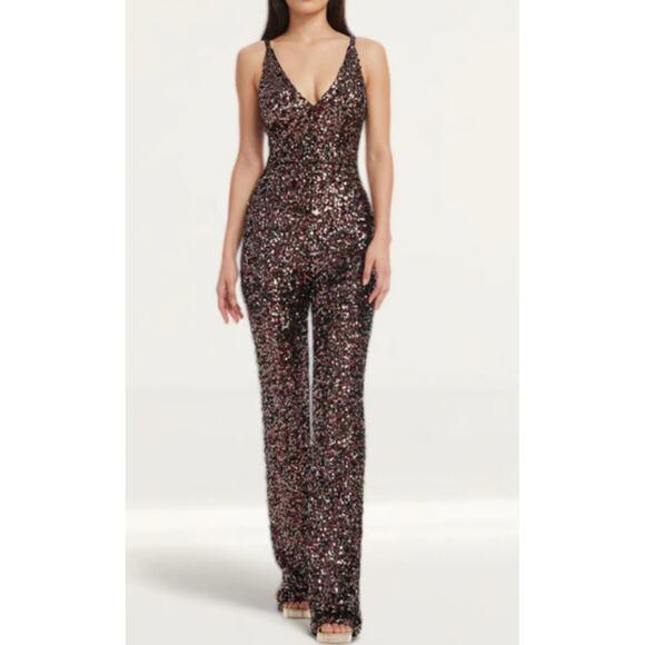 Dress the Population New Charlie Gunmetal Multi Sequined Jumpsuit Size L V-Neck - Picture 2 of 11